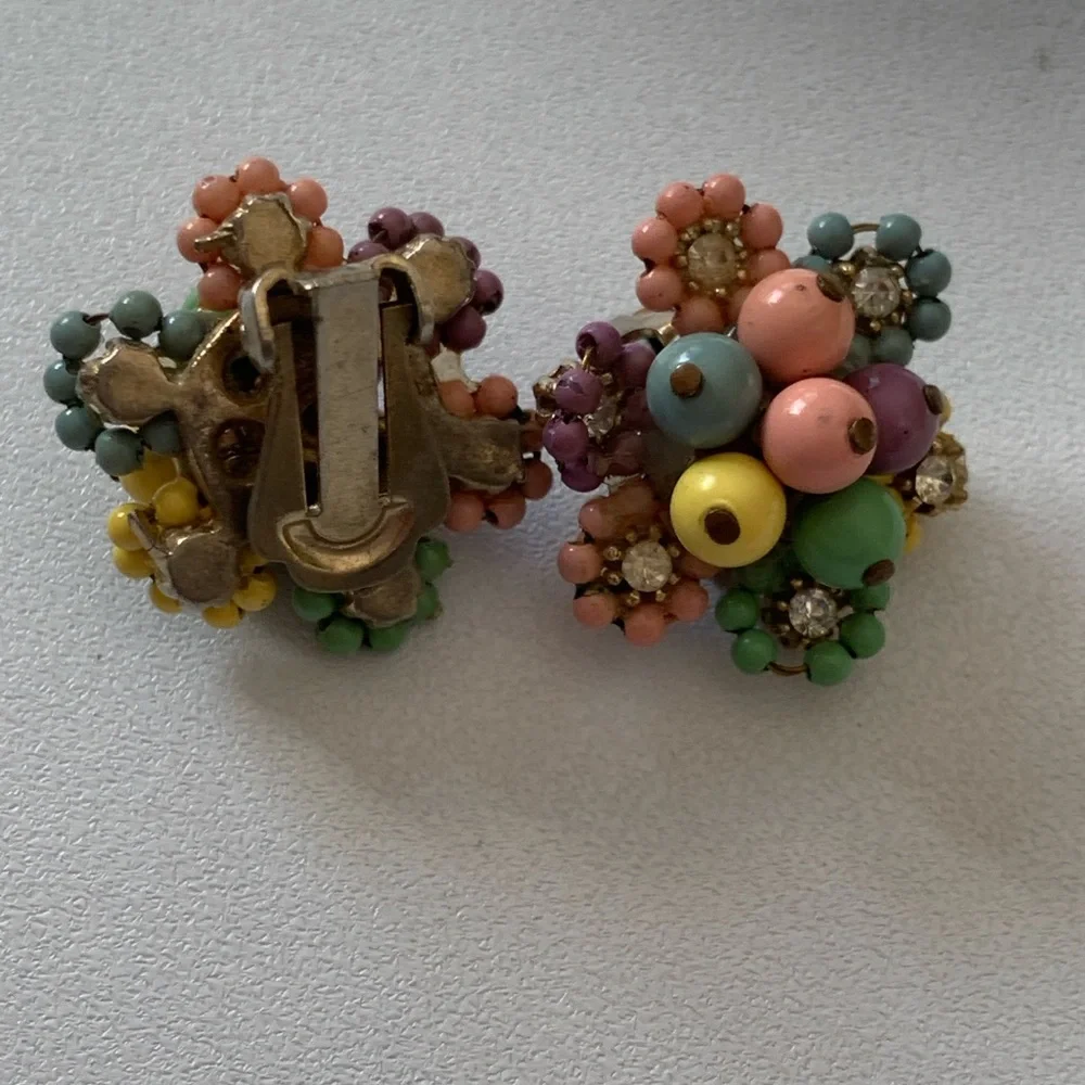 Multicolor Beaded Fruit Salad Pastel Vintage Floral Earrings